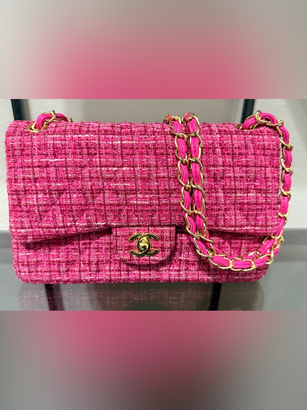 Hot Pink Tweed Chain Shoulder Bag